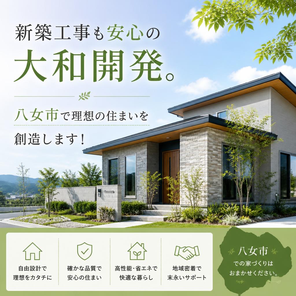新築工事も安心の大和開発。八女市で理想の住まいを創造します！
