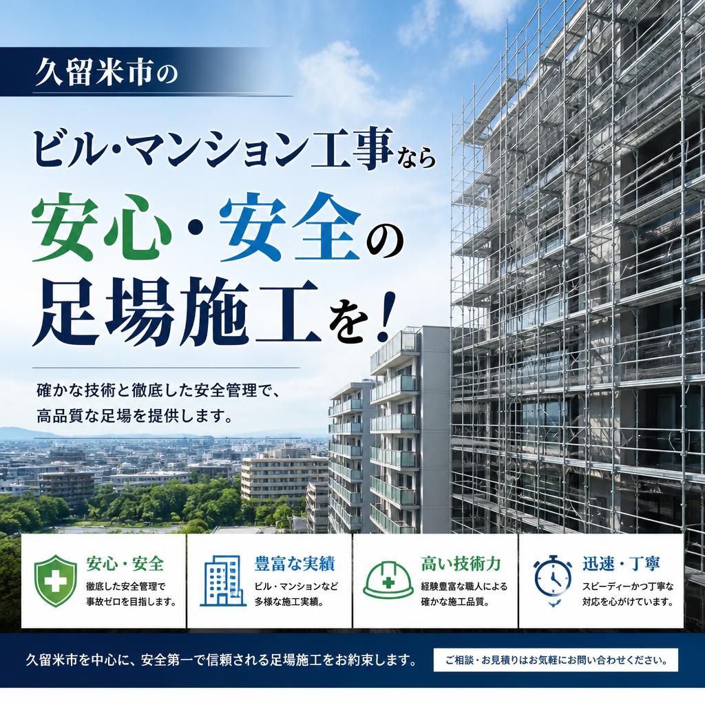 久留米市のビル・マンション工事なら安心・安全の足場施工を！